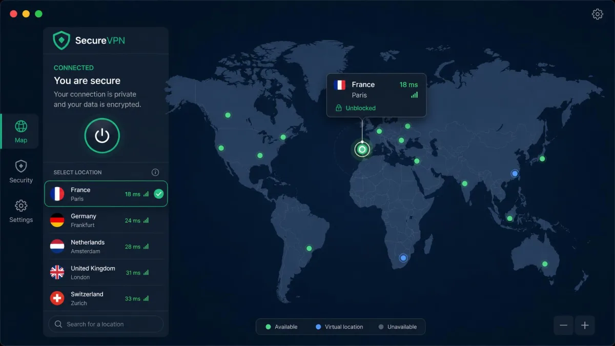 A VPN app world map showing a nearby server being selected in an unblocked country, with the connection latency displayed next to the chosen location.