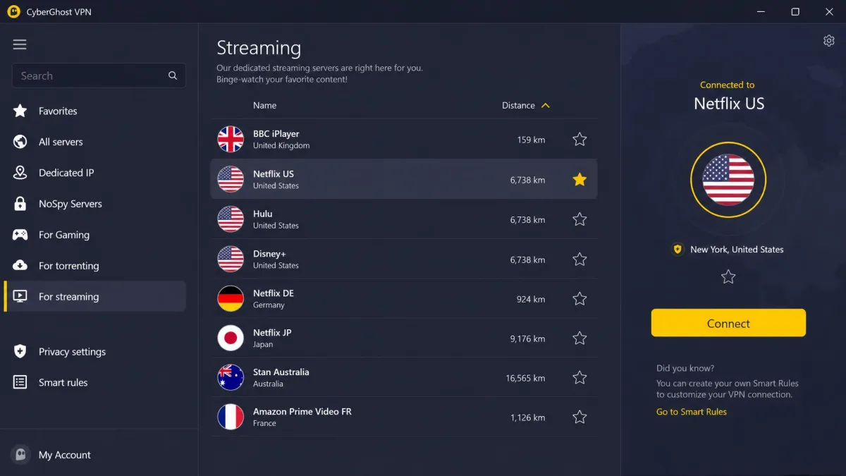 The CyberGhost Windows app's streaming server tab, listing servers labeled by service such as BBC iPlayer and Netflix US, with one selected.