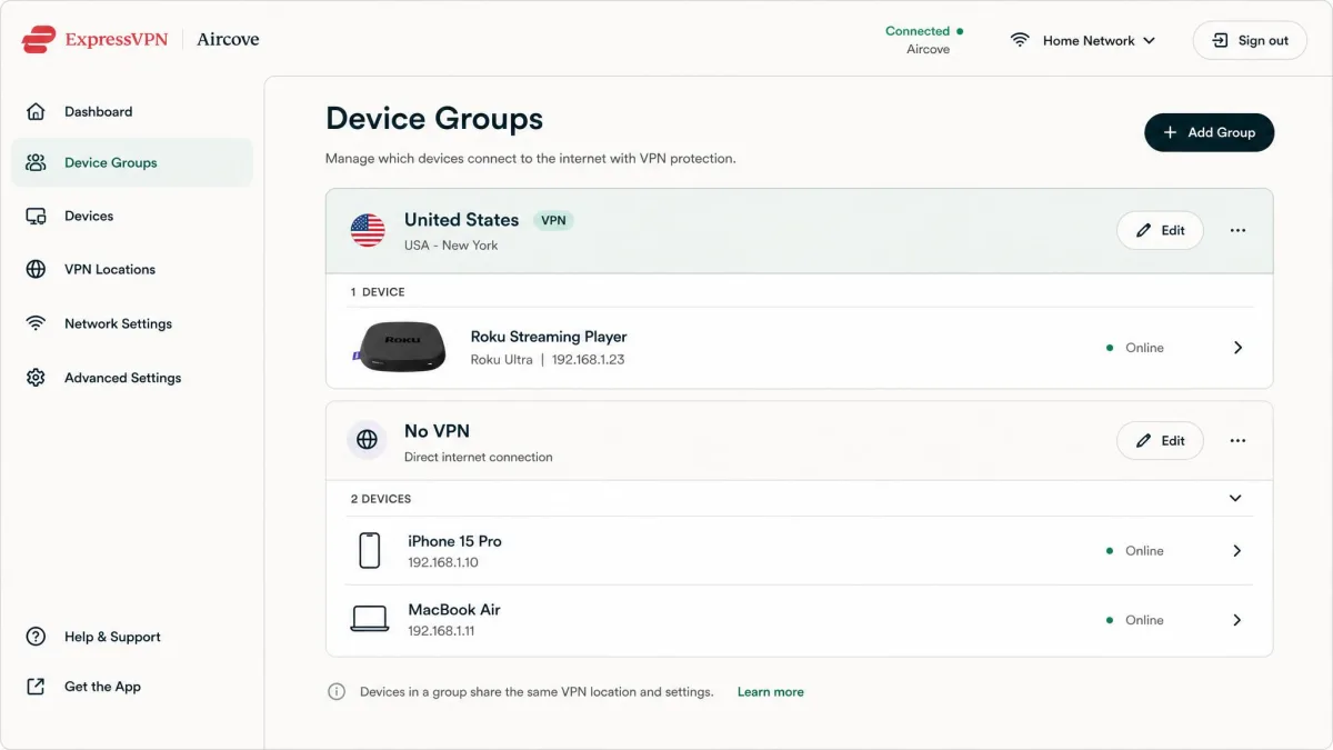 The ExpressVPN Aircove router dashboard showing device groups, with a Roku streaming player assigned to a group set to a United States VPN location.