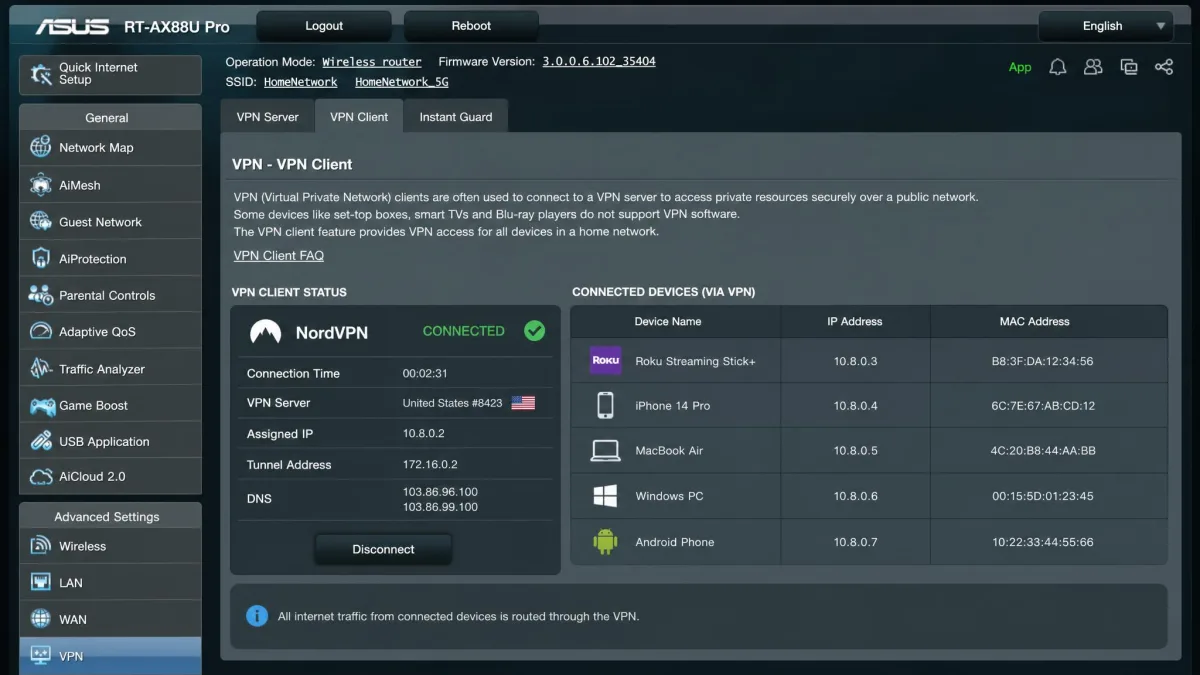 An ASUS router admin page showing an active NordVPN connection in the VPN client tab, with a Roku player listed among the connected devices.