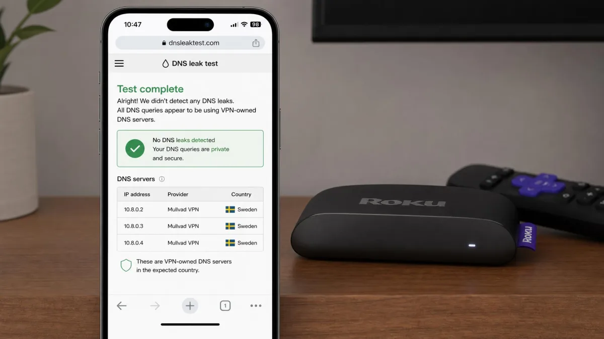 A smartphone on the same Wi-Fi network as a Roku, showing a DNS leak test result page that lists only VPN-owned DNS servers in the expected country.