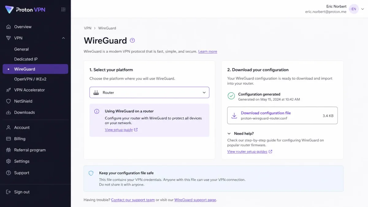 Proton VPN's WireGuard configuration screen in a web account dashboard, with a router platform selected and a generated config file ready to download.
