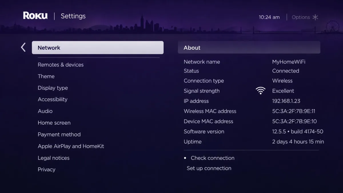 The Roku Settings menu open on Network, showing the About screen with the connected wireless network name, signal strength and connection status.