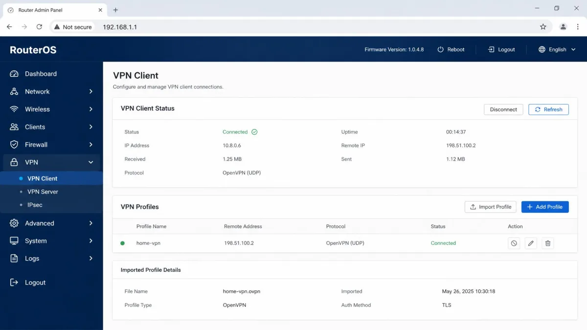 A router admin panel at 192.168.1.1 with the VPN client section open, showing an OpenVPN profile imported and the connection status set to connected.
