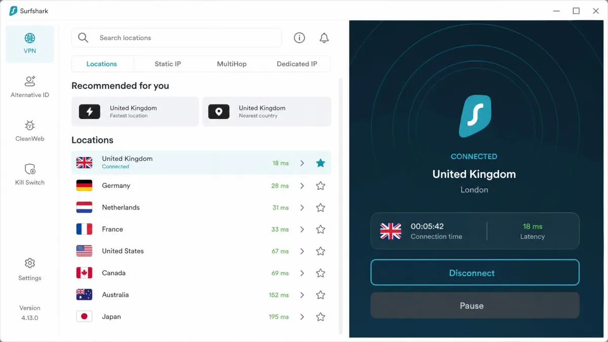 The Surfshark Windows app showing its server location list with a United Kingdom server connected and a latency figure displayed next to each country.