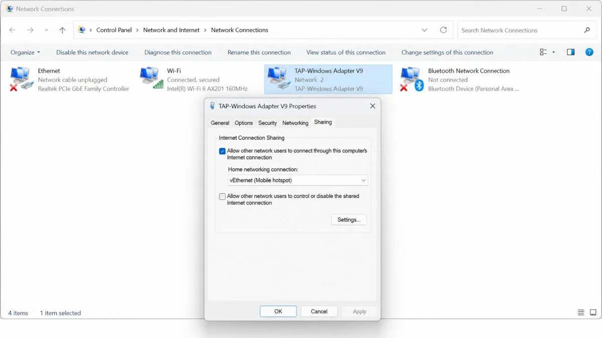 The Windows Network Connections window with a VPN TAP adapter's Properties dialog open on the Sharing tab, the allow-other-users box ticked and the Mobile hotspot virtual adapter selected.