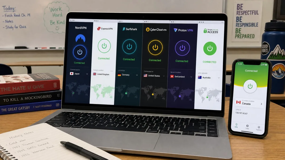 Six VPN apps open side by side on a laptop beside a phone on a school desk, each showing a connected status with a different server location selected.