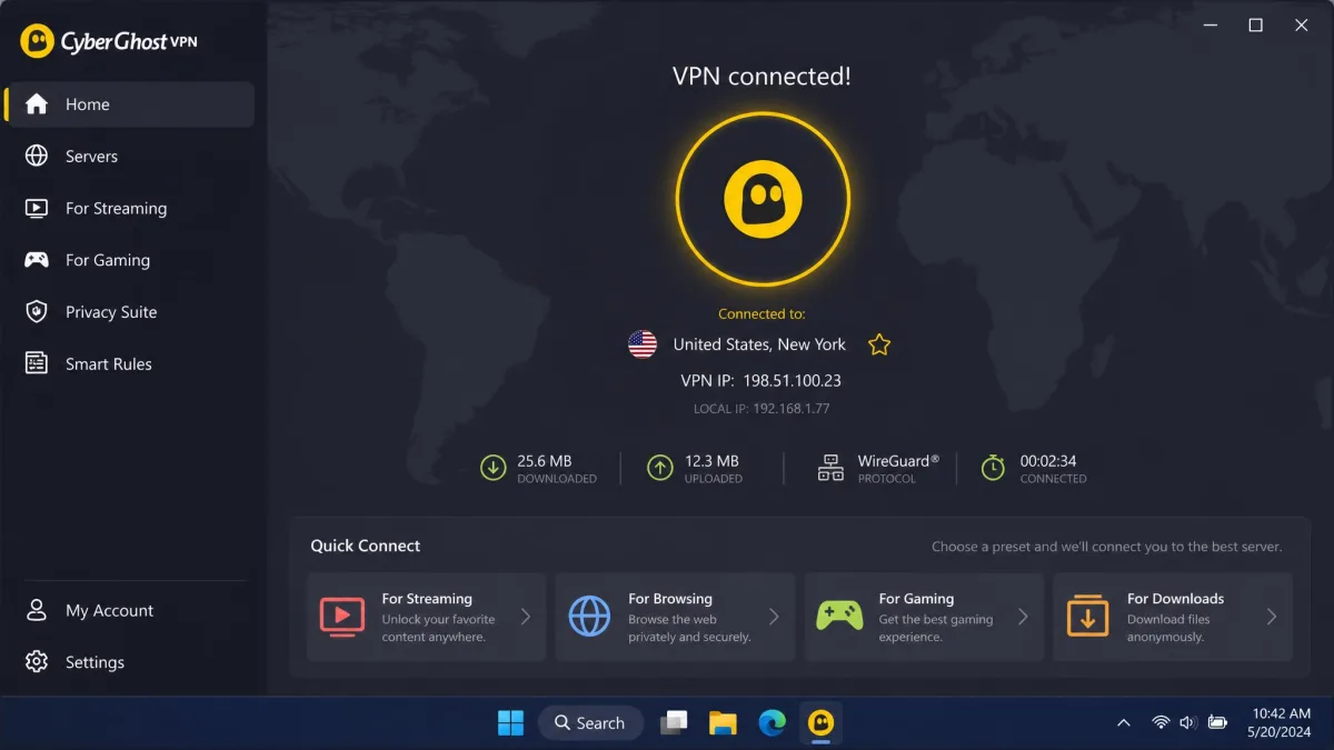 CyberGhost app main screen with a large connect button and labeled presets for streaming and browsing, connected to a nearby server on a laptop.