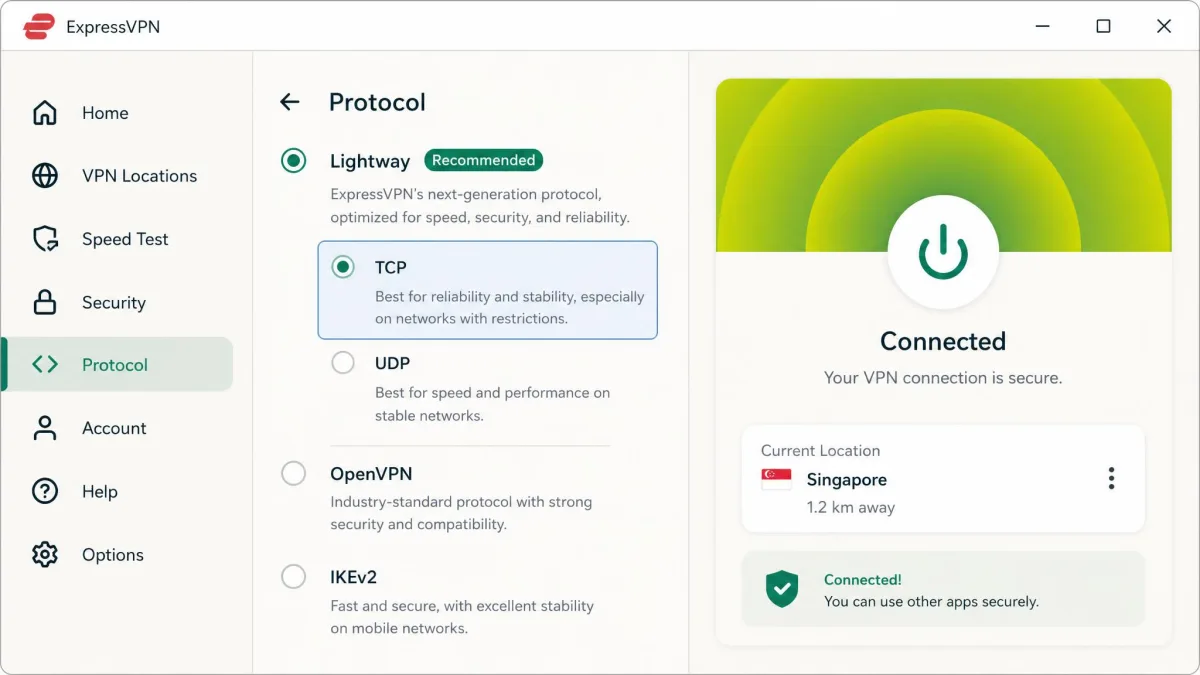 ExpressVPN app protocol screen with Lightway selected and the TCP option highlighted, showing a connected status to a nearby server location.