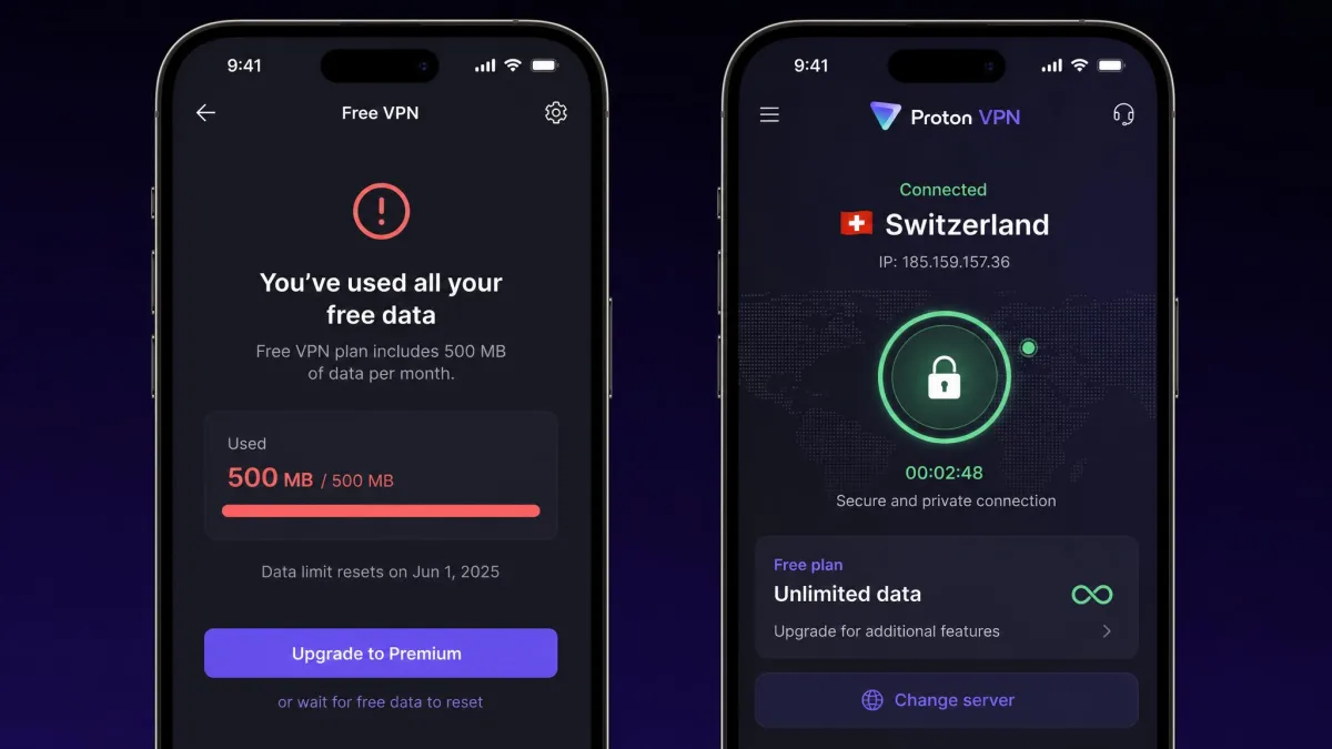 Two phone screens side by side, one showing a free VPN data-cap warning and the other showing Proton VPN's unlimited-data free plan connected.