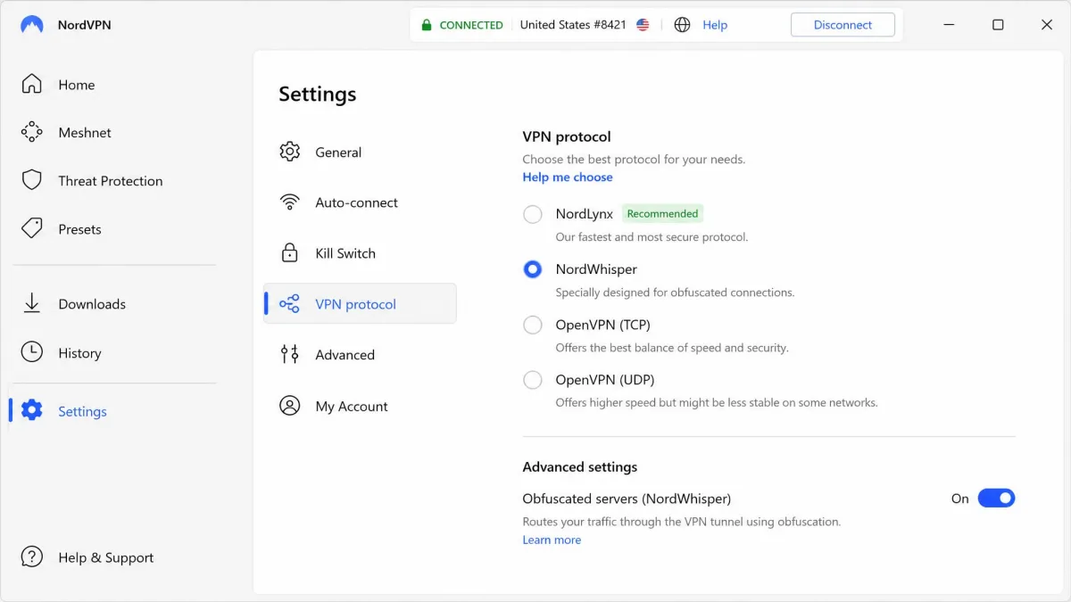 NordVPN desktop app settings showing the NordWhisper protocol selected and the obfuscated servers toggle enabled, with a connected status bar at the top.