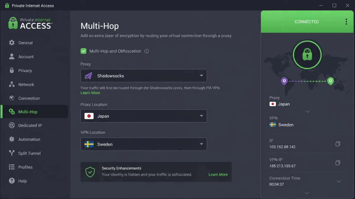 Private Internet Access desktop app open on the Multi-Hop settings screen with a Shadowsocks proxy selected, showing a connected obfuscated location.