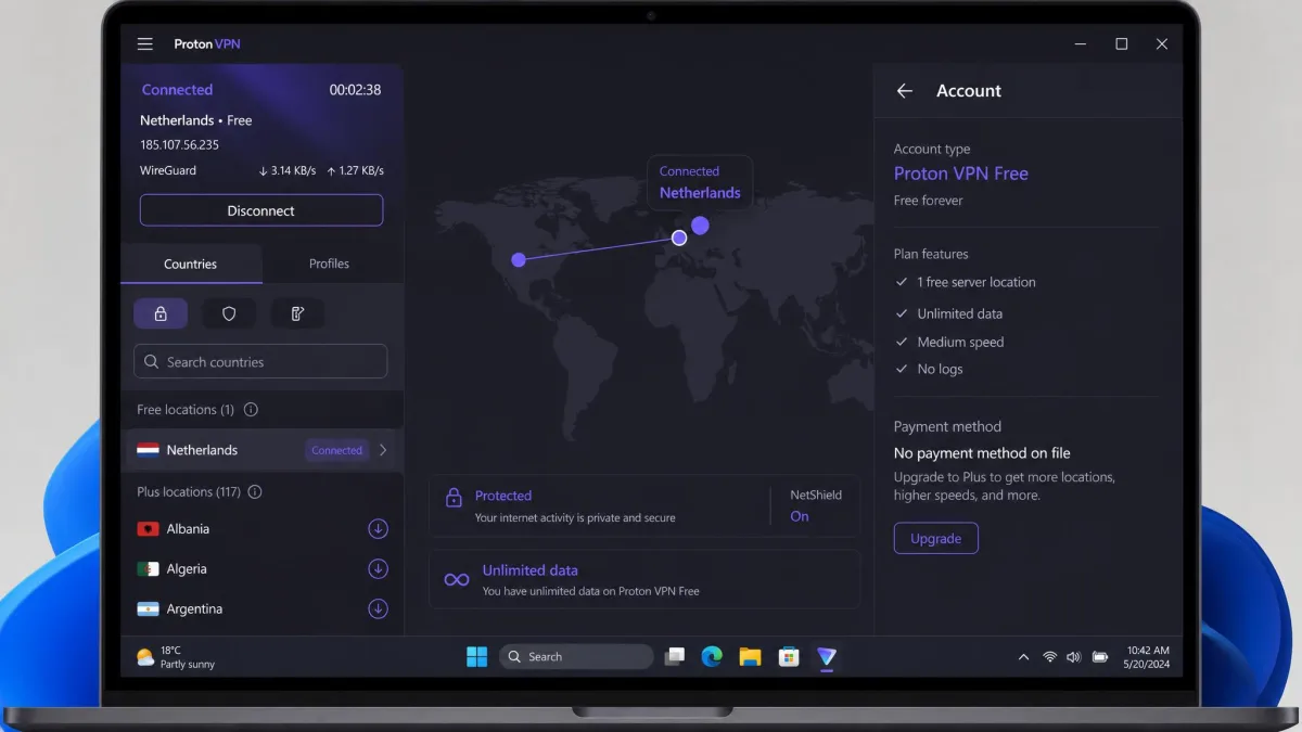 Proton VPN free plan connected to a free server location on a laptop, with the unlimited-data label visible and the account showing no payment method on file.