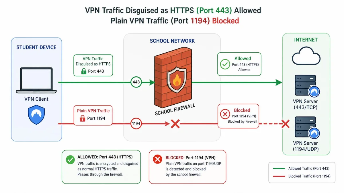 A network diagram showing VPN traffic disguised as HTTPS passing through a school firewall on port 443 while a plain VPN connection on port 1194 is blocked.