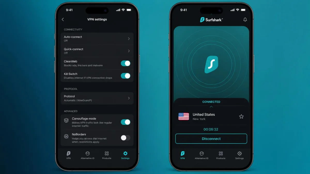 Surfshark mobile app with Camouflage mode enabled in the settings menu, next to the main connect screen showing an active connection on a phone.