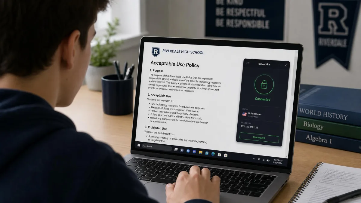 A student reading a school acceptable-use policy document on a laptop, with a VPN app connected in the corner of the screen.