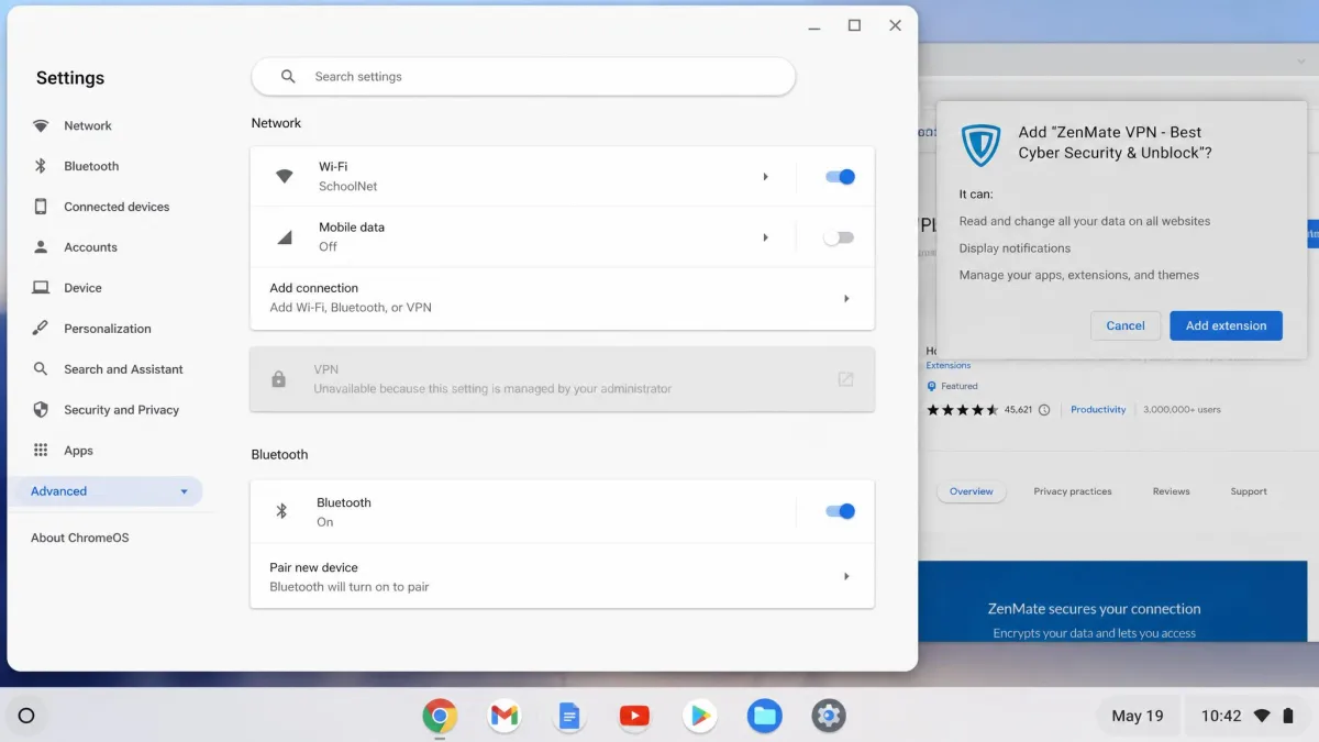 A school Chromebook settings screen showing the VPN section greyed out and locked by the administrator, with a Chrome extension install prompt visible in the background.