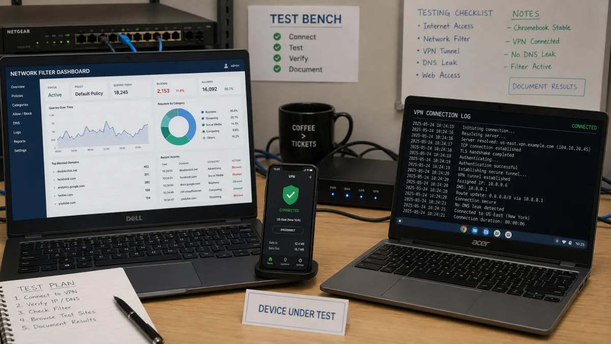 A testing bench with a laptop running a network filter dashboard on one screen and a VPN connection log on another, plus a phone and a Chromebook under test.