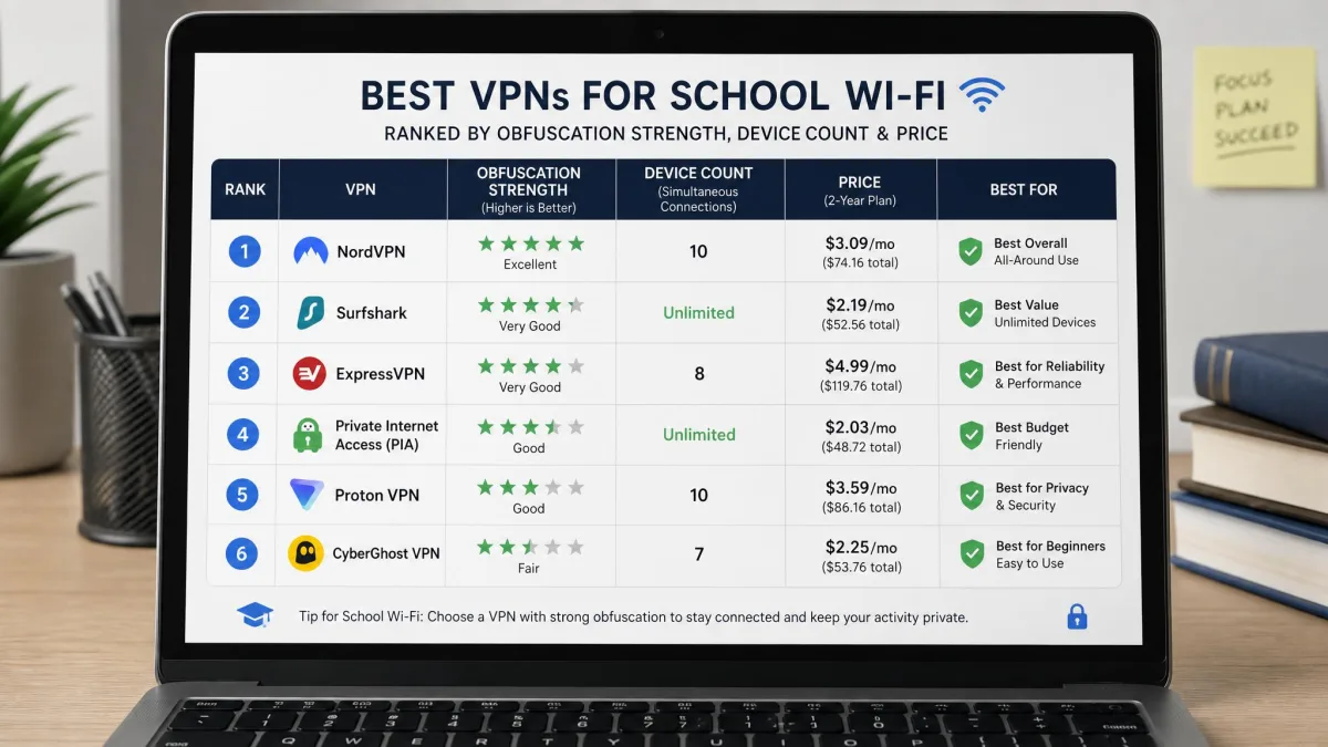 A comparison chart on a laptop screen ranking six VPNs by obfuscation strength, device count, and price for use on school Wi-Fi.