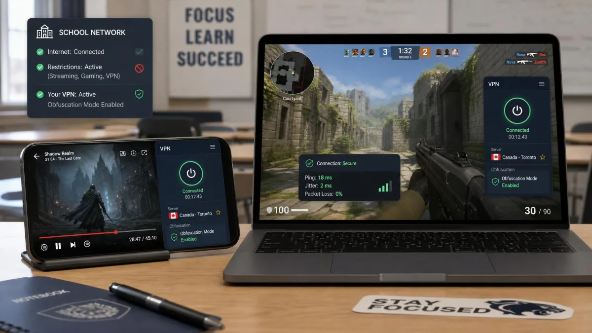 A phone streaming video and a laptop showing a low-latency game connection, both running a VPN with an obfuscation mode enabled on a school network.