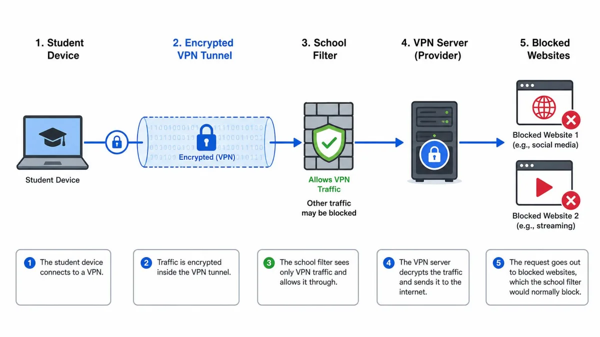 A simple diagram showing a student device connecting through an encrypted VPN tunnel that passes the school filter, then out to blocked websites.