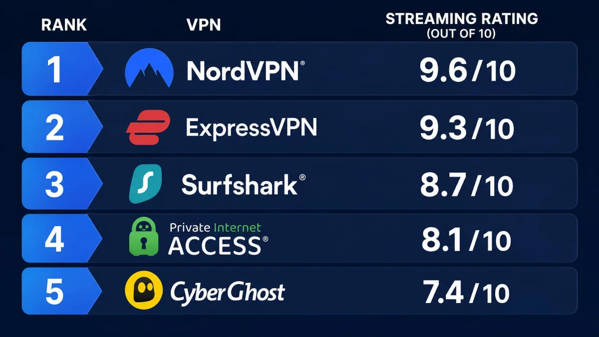 A ranked lineup graphic of five VPN logos in order from NordVPN at the top to CyberGhost, each beside its streaming rating out of ten.