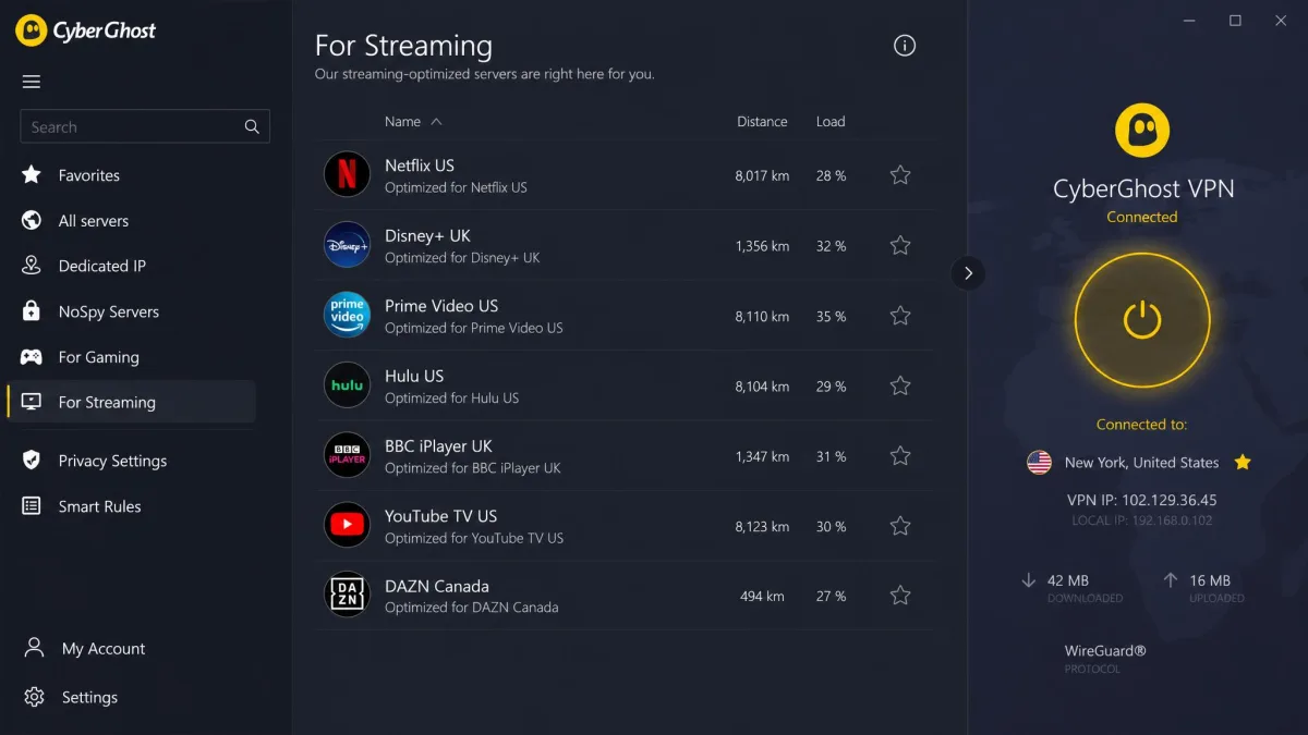 The CyberGhost app showing its list of streaming-optimized servers each labeled with a specific service name like Netflix US and Disney Plus UK.
