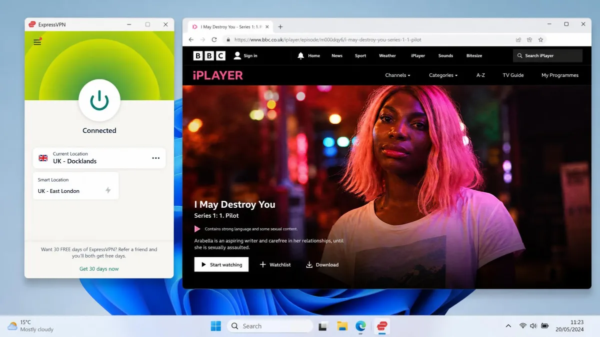 The ExpressVPN app connected via the Lightway protocol to a UK server, shown next to a browser window streaming a show on BBC iPlayer without an error message.