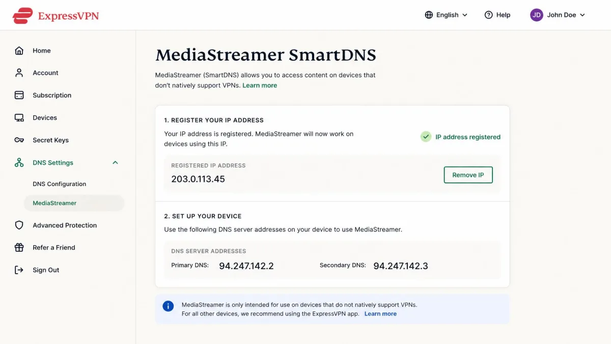 The ExpressVPN account dashboard showing the MediaStreamer SmartDNS setup page with a registered IP address and DNS server details for use on a smart TV.