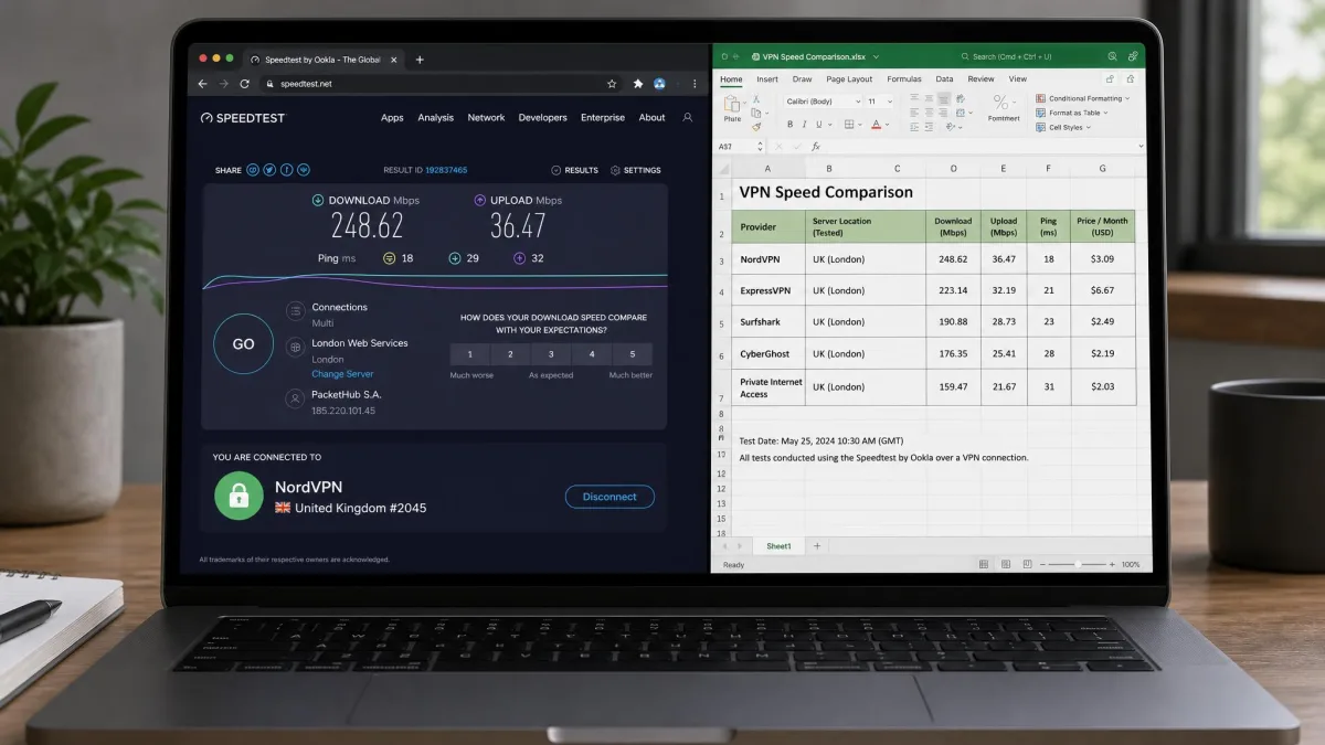 A speed-test dashboard on a laptop screen showing download and upload results for a VPN connection, with a spreadsheet of comparison figures for five providers open alongside it.