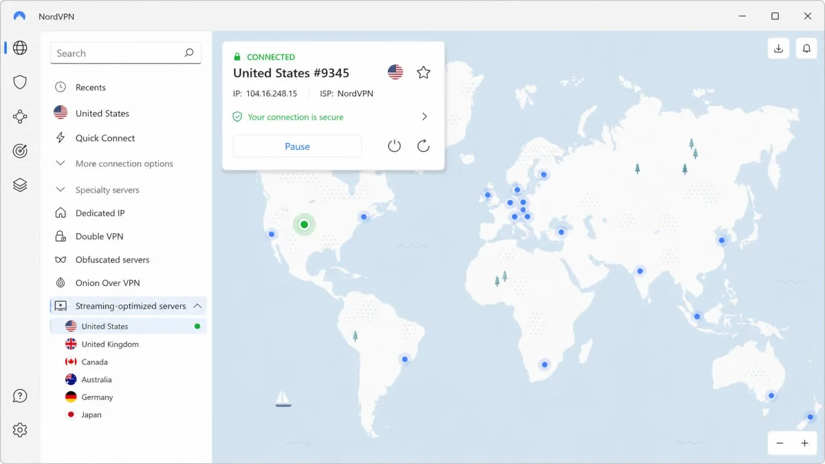 The NordVPN desktop app showing its streaming-optimized server category expanded, with a US server connected and a green status indicator confirming the connection.