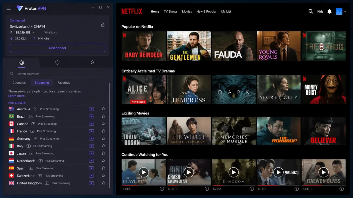 The ProtonVPN app displaying its streaming-labeled Plus servers with a list of country options, next to a Netflix screen showing a non-US regional library loaded.