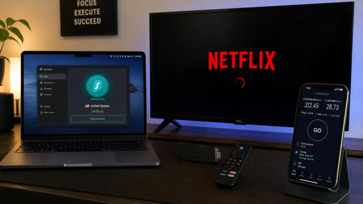A test desk showing a laptop running a VPN app connected to a US server, next to a TV with an Amazon Firestick loading Netflix, and a phone displaying a network speed test result.