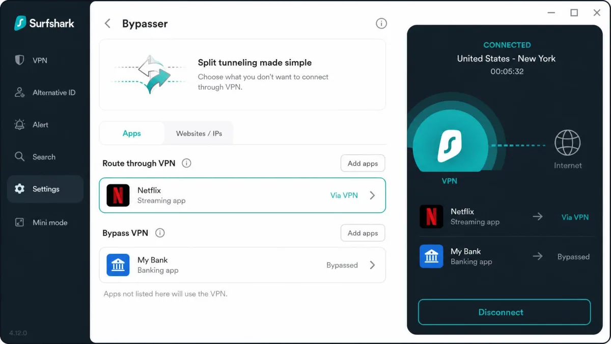 The Surfshark app showing its Bypasser split-tunneling screen with a streaming app routed through the VPN while a banking app is excluded from the tunnel.