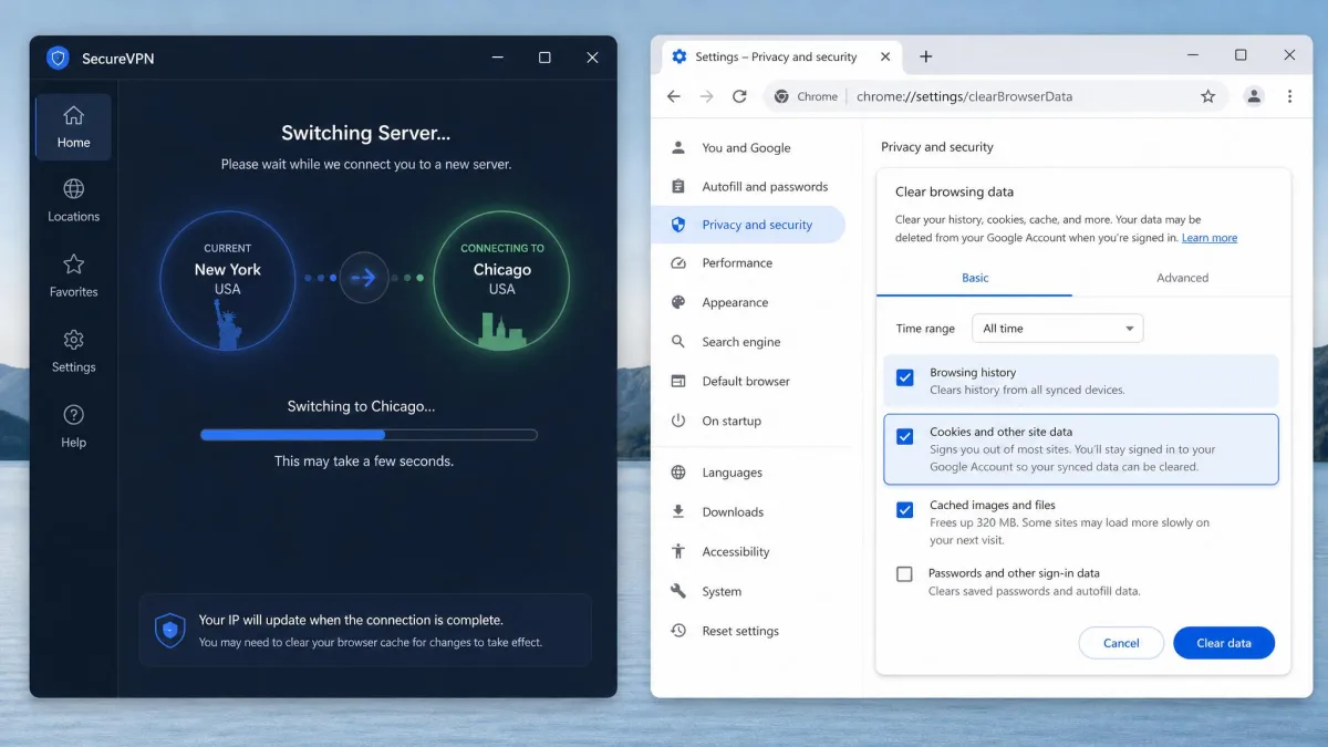A VPN app mid-server-switch to a different US city server, shown next to a browser settings panel with the clear cache and cookies option highlighted.