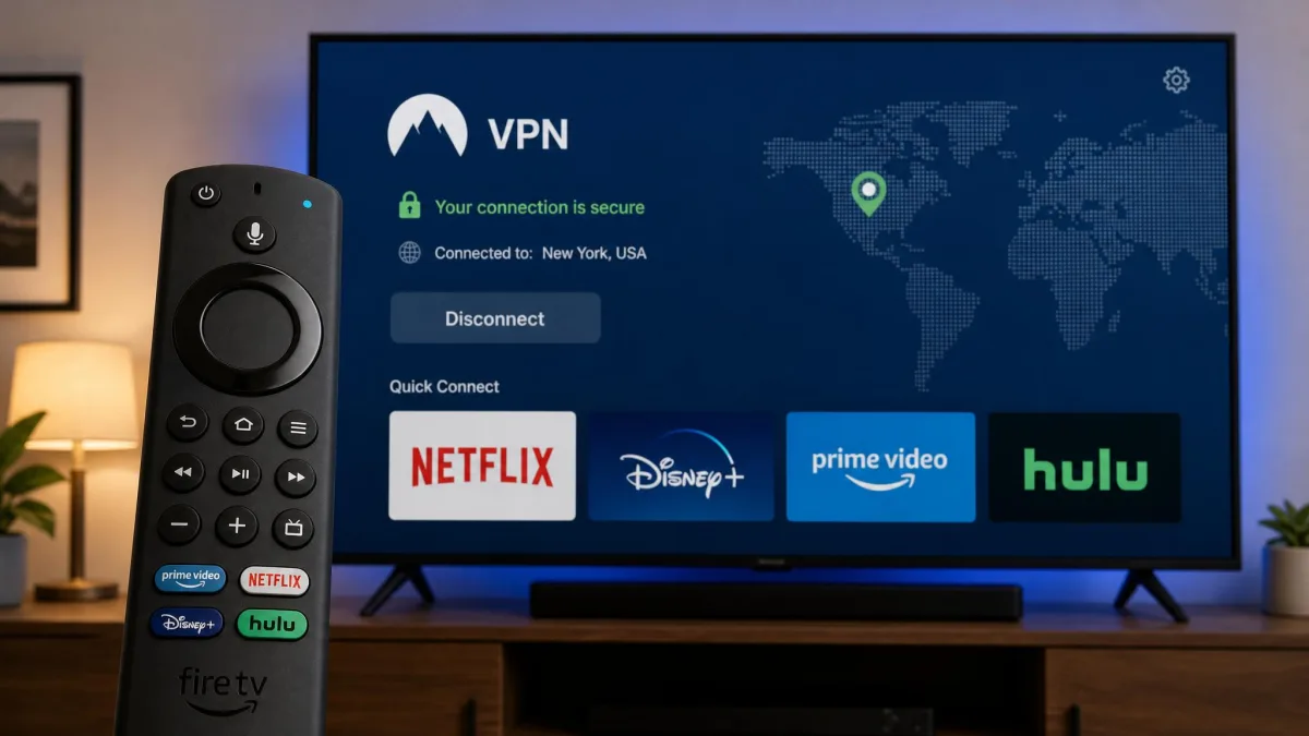 An Amazon Firestick remote in front of a smart TV showing a VPN app home screen, with icons for Netflix, Disney Plus, Prime Video, and Hulu visible on the TV interface.