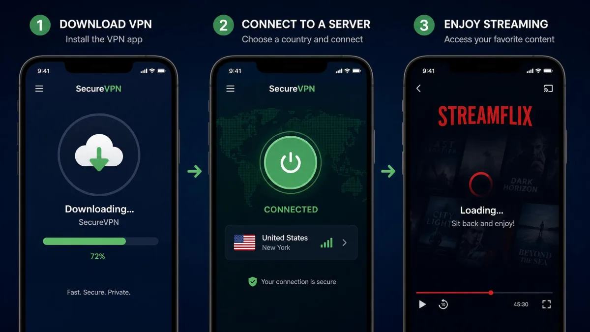 A three-step visual showing a VPN app being downloaded, connected to a country server, and a streaming service loading successfully on the same screen.