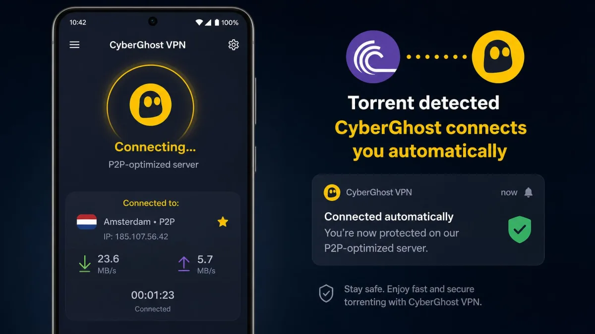 CyberGhost mobile app automatically connecting to a P2P-optimized server the moment a torrent client is launched on an Android phone.