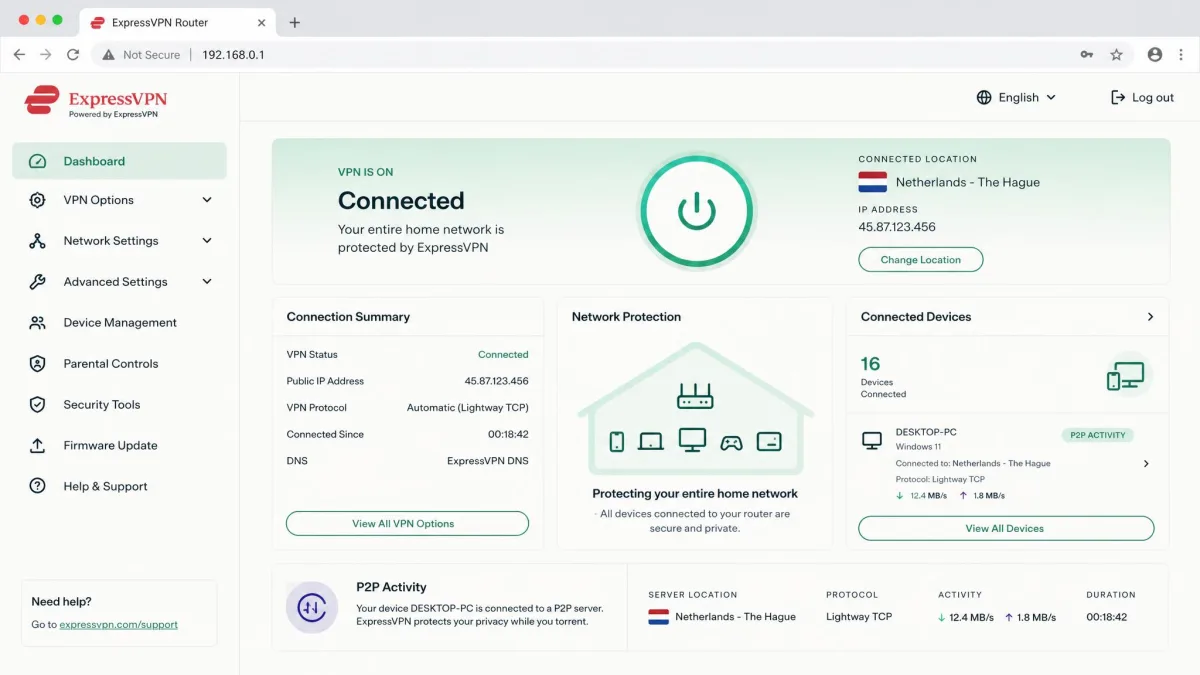 ExpressVPN router app dashboard shown in a browser with a device connected to a P2P server, protecting an entire home network for torrenting.