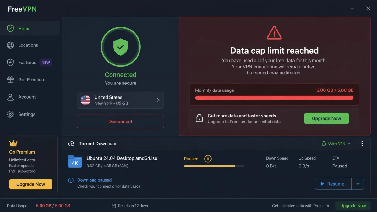 A free VPN app showing a data cap limit reached warning while a torrent download is paused, illustrating why free VPNs struggle with P2P.