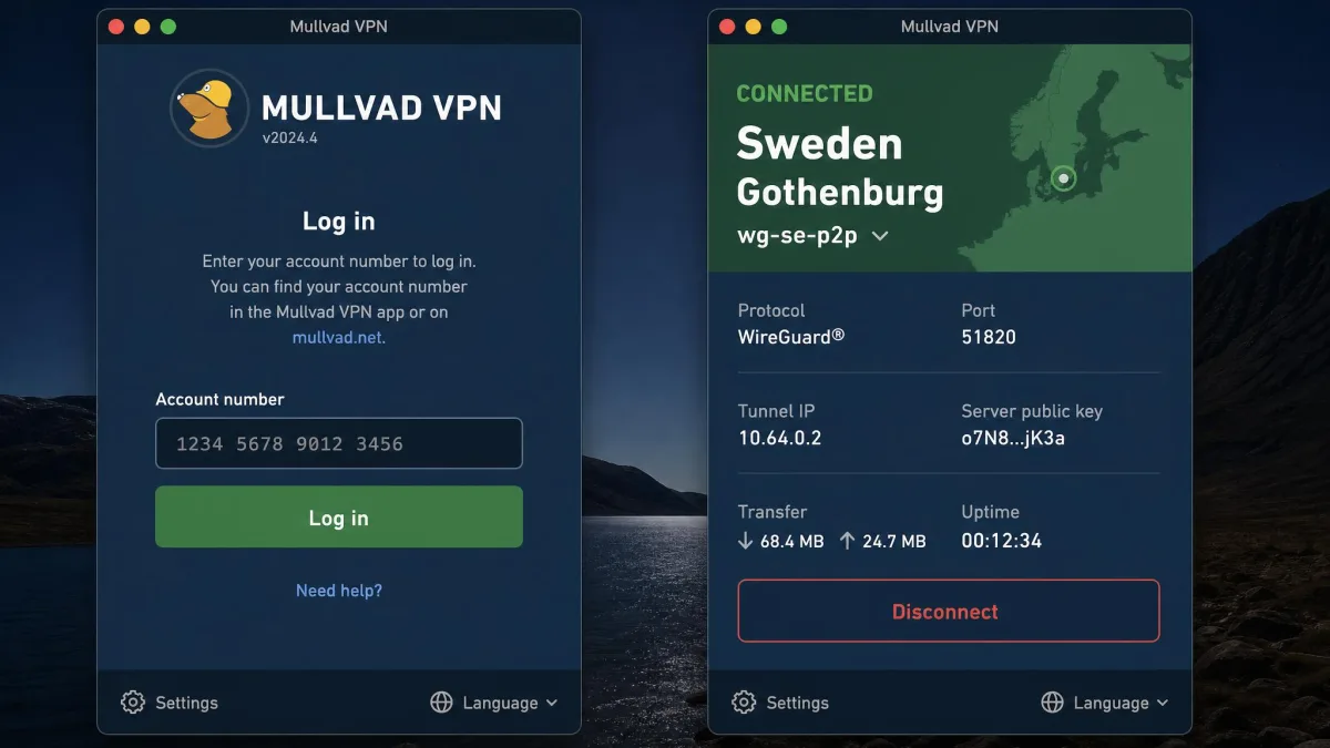 Mullvad VPN app showing the anonymous numbered account login screen with no email field, next to the connected status on a WireGuard P2P server.
