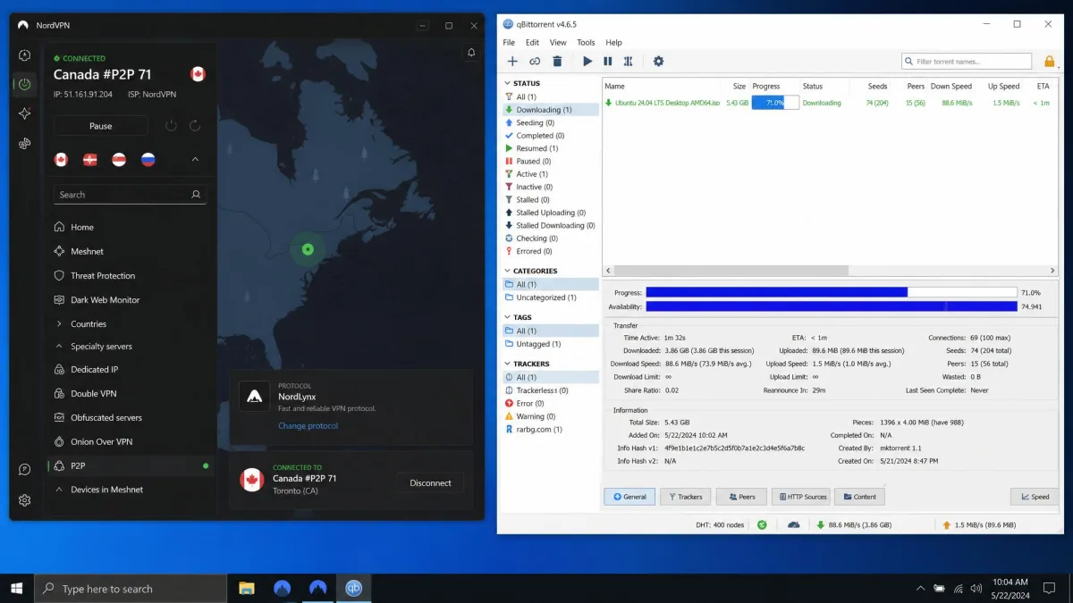 NordVPN Windows app connected to a P2P-optimized server with the NordLynx protocol selected, shown next to an active qBittorrent download running at high speed.