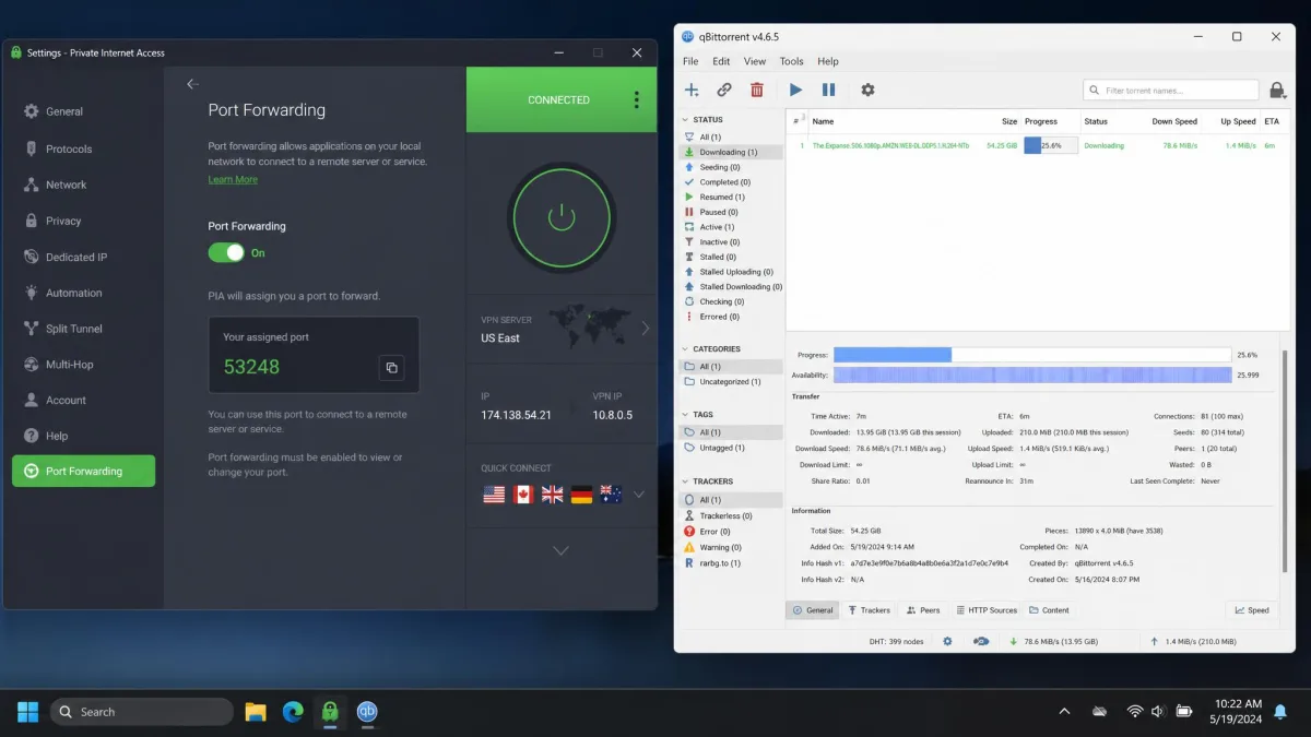 Private Internet Access desktop app showing the port forwarding toggle enabled in settings, with the assigned port number displayed and a qBittorrent download running at increased speed alongside it.