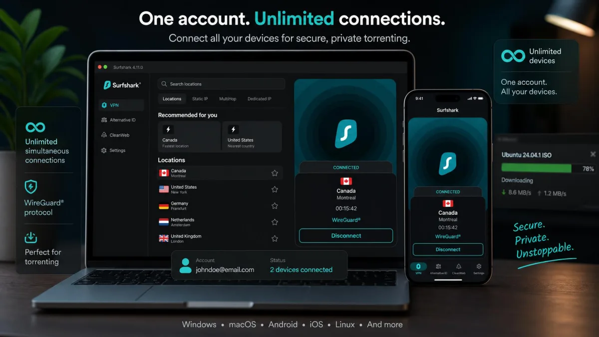 Surfshark app open on a laptop and a phone at the same time under one account, both connected to WireGuard servers, illustrating unlimited simultaneous connections for torrenting.