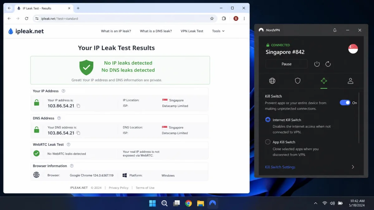 An IP leak test results page in a browser showing no DNS or IP leaks detected while a VPN is connected, with the VPN app kill switch setting visible enabled in a second window.