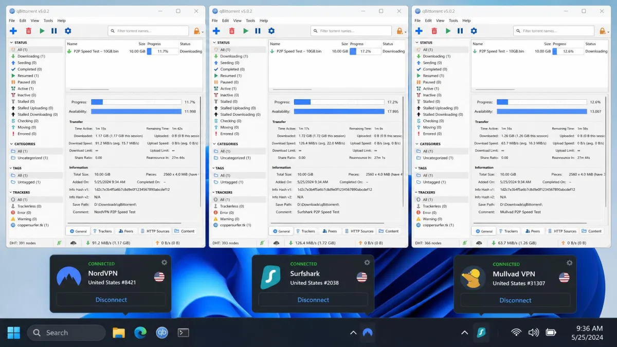 Side-by-side qBittorrent download windows on a Windows desktop showing transfer speeds for NordVPN, Surfshark, and Mullvad during a P2P speed test, with the connected VPN status shown in the system tray.