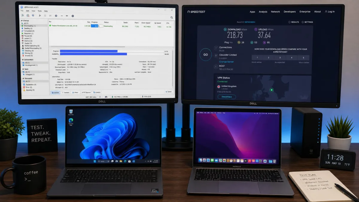 A testing workstation showing two monitors, one running the qBittorrent client with an active download and the other displaying a VPN speed test dashboard, with a Windows laptop and a MacBook side by side on the desk.
