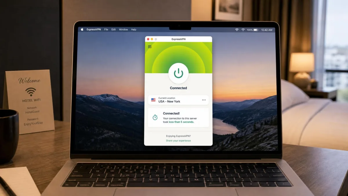 ExpressVPN desktop app on a laptop showing a completed connection to a nearby server in under five seconds, connected over hotel Wi-Fi.