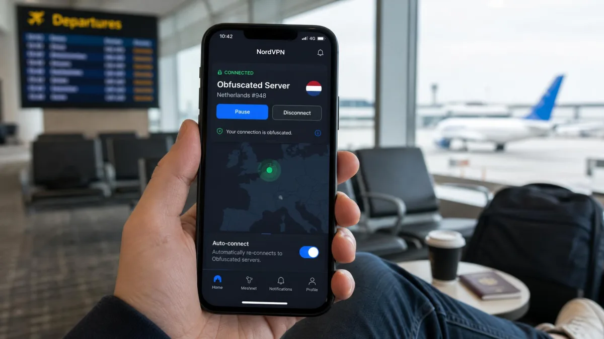 NordVPN mobile app connected to an obfuscated server with the auto-connect toggle enabled, shown on a phone screen in an airport departure lounge.