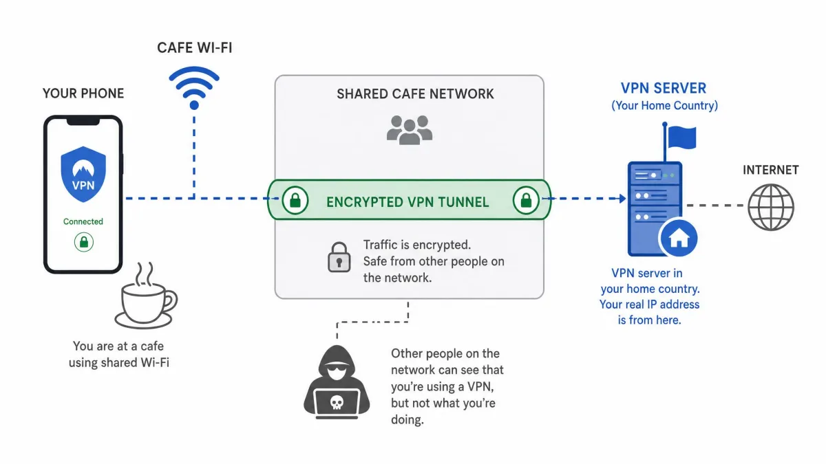 A simple diagram showing a phone on cafe Wi-Fi with encrypted VPN traffic passing safely through the shared network to a home-country server.